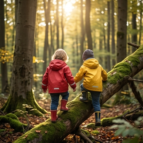 Kinder klettern auf Baumstamm