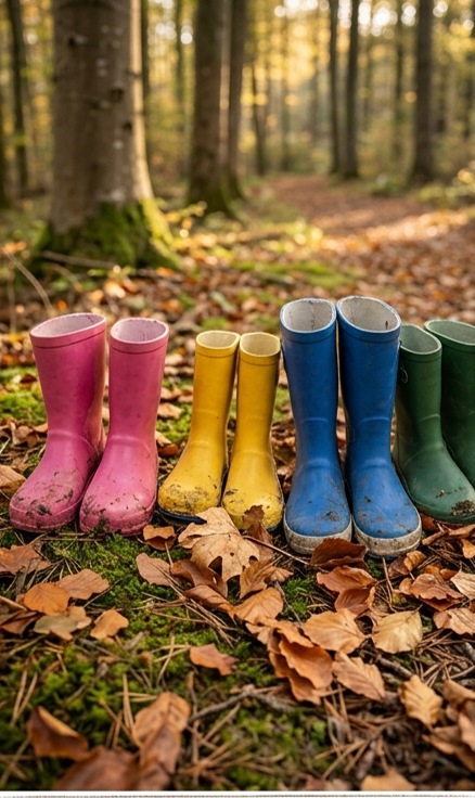 Bunte Gummistiefel im Wald