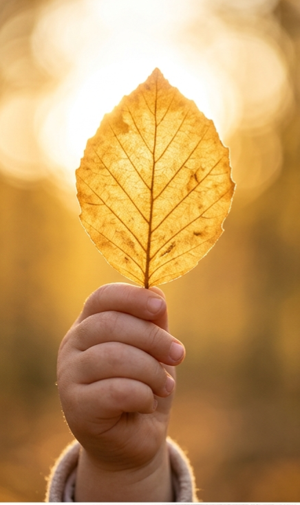 Kinderhand hält goldenes Blatt